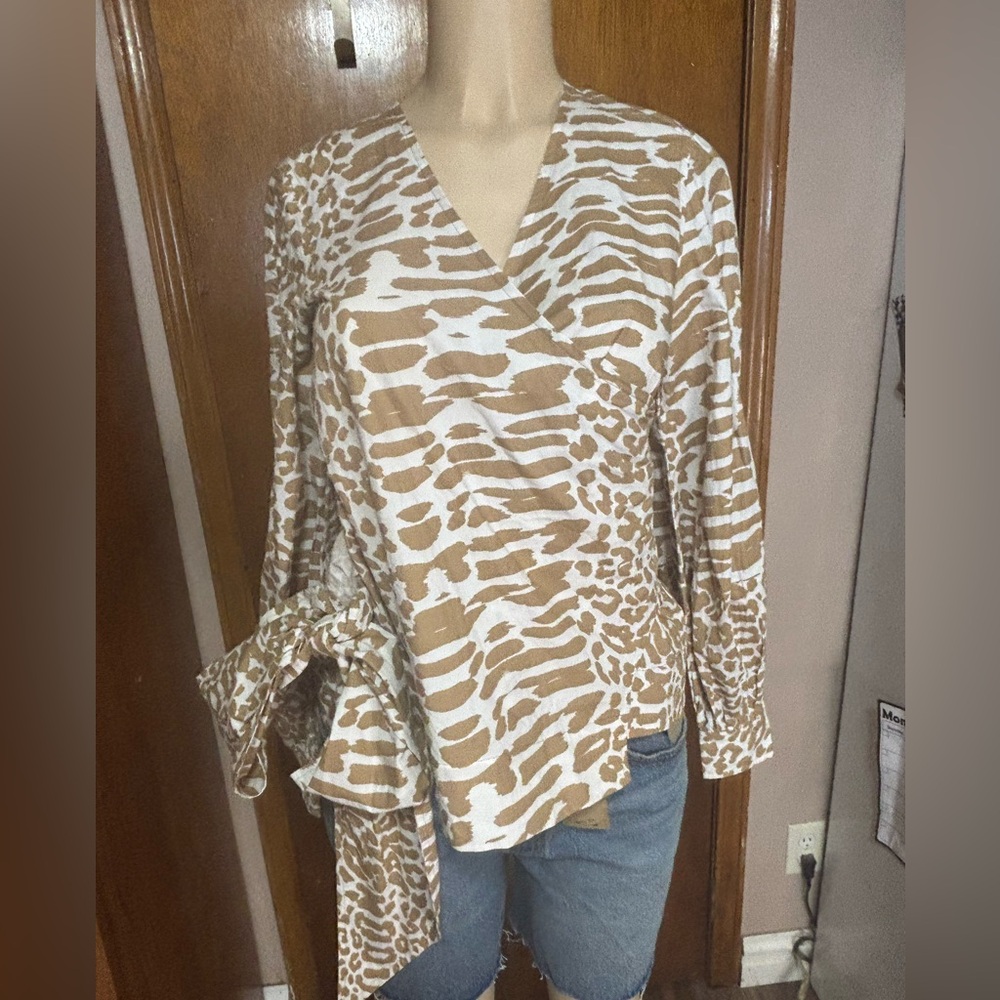 Ganni medium cheetah brown/white print wrap blouse cotton luxury party bow